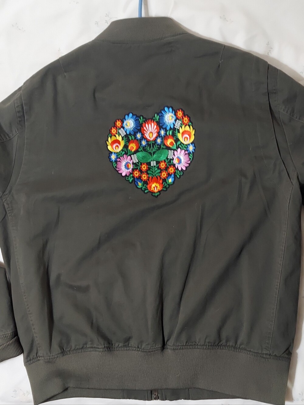 Army Green Cotton Aviator Bomber Jacket Xl With Floral Patch Upcycled OOAK